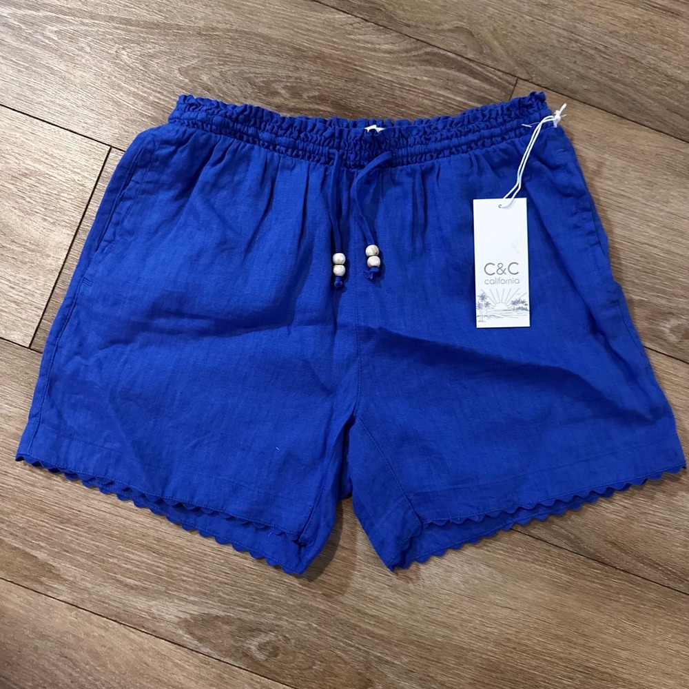 C&C California Women Royal Blue 100% Linen Scalloped Hem Shorts XS New
